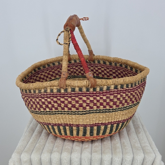 Other - African Bolga Handwoven Market Basket - Natural, Burgundy & Olive